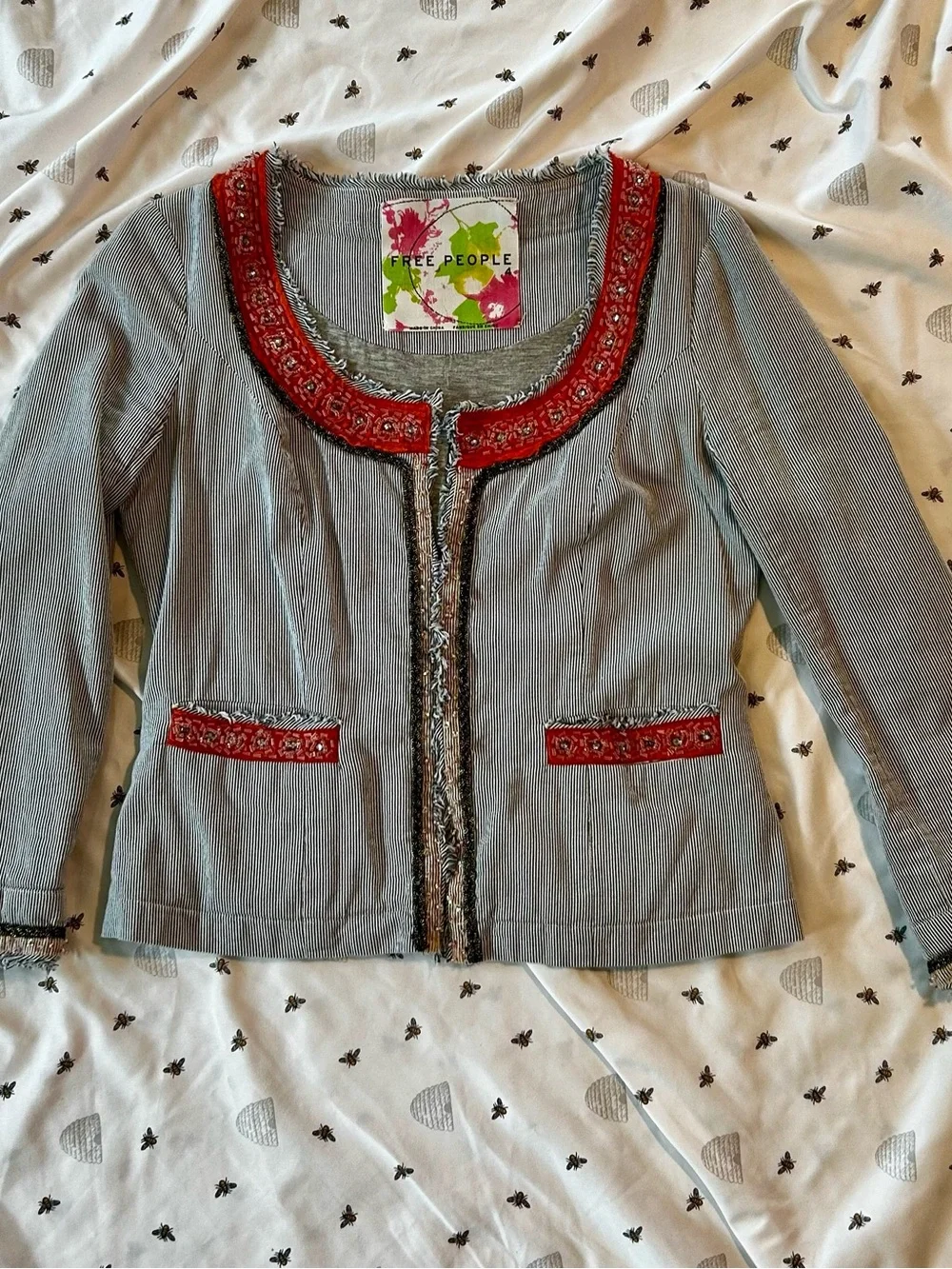 Free People “My Fair Lady” Blue Pinstripe Jacket with Pumpkin Embroidered Trim